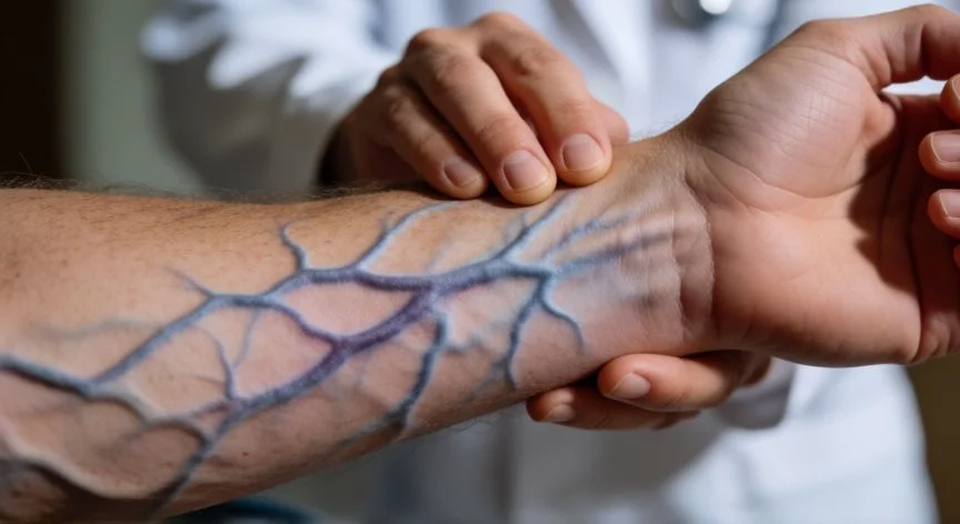 diferencia entre vena y arteria, Vista realista de una muñeca humana mostrando venas superficiales y la toma del pulso arterial