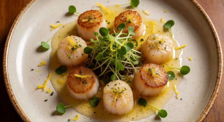 diferencia entre vieira y zamburiña, Plato gourmet de zamburiñas salteadas en mantequilla con hierbas aromáticas