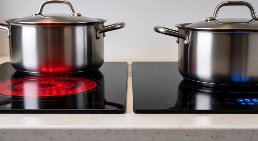 Comparativa visual entre cocina de vitrocerámica y de inducción encendidas