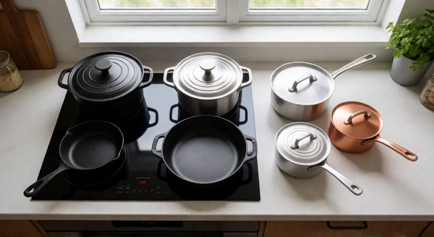 diferencia entre vitrocerámica e inducción, Utensilios compatibles y no compatibles para cocinar en inducción sobre superficie de cocina