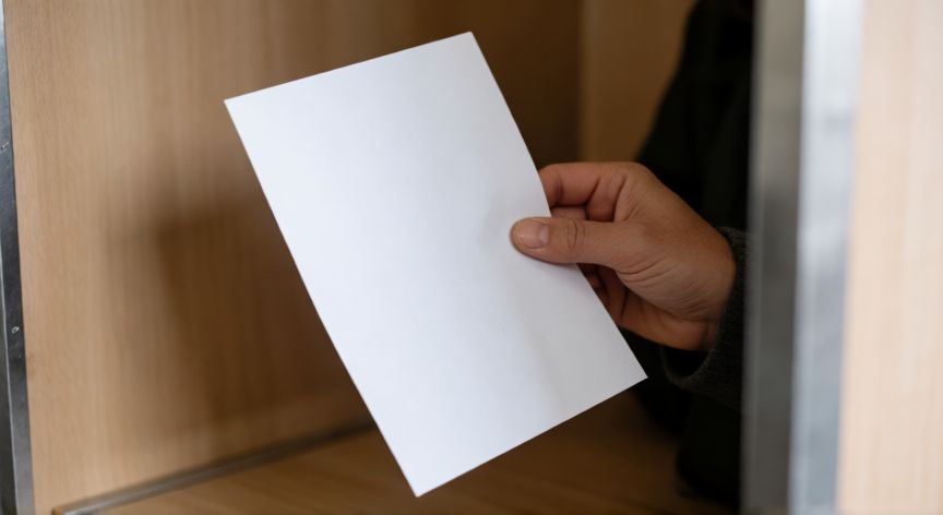 Mano sosteniendo una papeleta de voto en blanco dentro de una cabina electoral