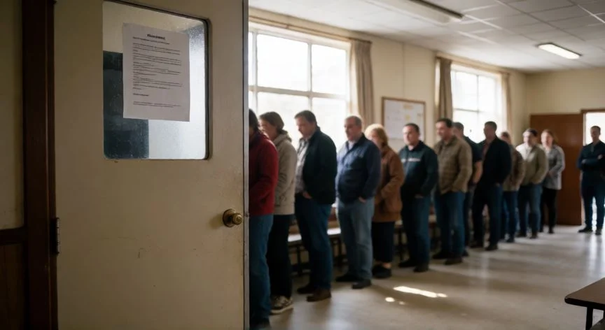 diferencia entre voto en blanco y no votar, Puerta cerrada de cabina electoral con fila de ciudadanos esperando al fondo