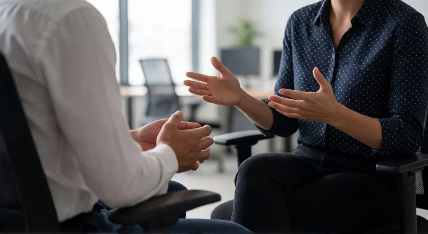 diferencia entre was y were, Dos profesionales discutiendo reglas gramaticales en una oficina