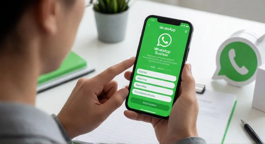 diferencia entre whatsapp y whatsapp business, Vista desde atrás de un emprendedor usando la app de WhatsApp Business con perfil de empresa visible