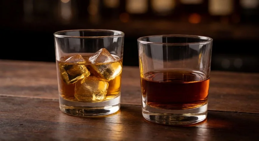 Comparativa visual de un vaso de whisky y un vaso de bourbon sobre una mesa de madera