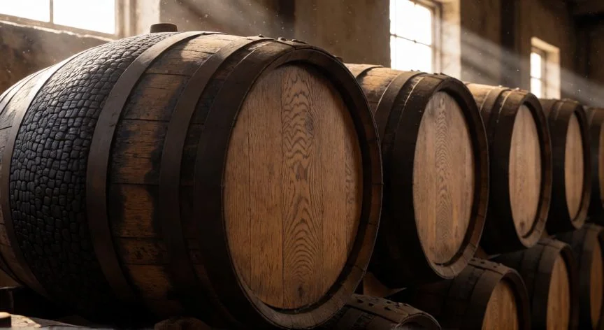 diferencia entre whisky y bourbon, Barricas de roble nuevo y tostado para el envejecimiento del bourbon