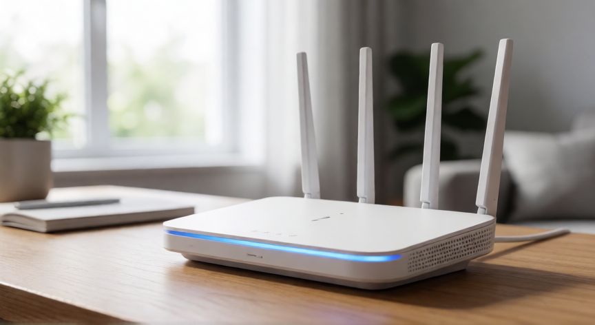 Router Wi-Fi 7 moderno sobre escritorio de oficina en casa