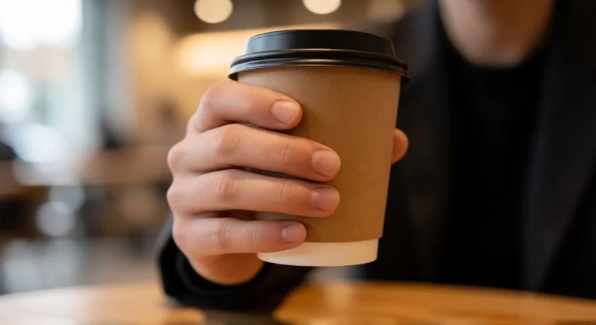 diferencia entre will y be going to, Persona tomando café en un ambiente cálido representando una decisión espontánea