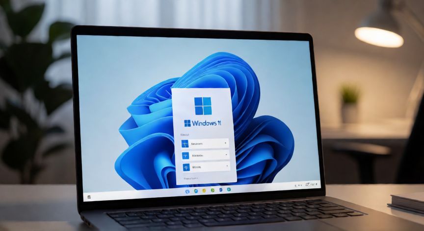 diferencia entre windows 11 home y pro, Pantalla de inicio de Windows 11 Home en un escritorio hogareño moderno