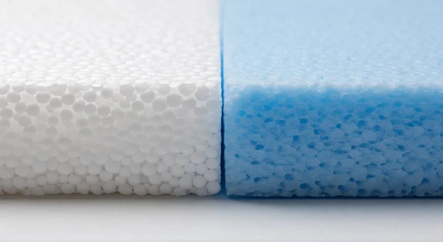 Comparativa macro entre placas de EPS blanco y XPS azul mostrando densidad