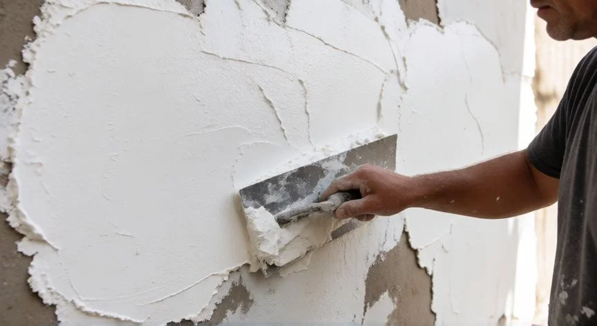 diferencia entre yeso y escayola, Aplicación de escayola con llana sobre una pared en obra