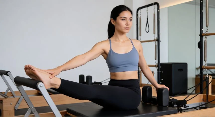 diferencia entre yoga y pilates, Persona entrenando en máquina de pilates con precisión postural