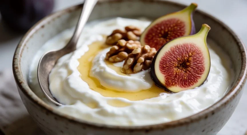 Bowl de yogur griego auténtico con textura cremosa y miel