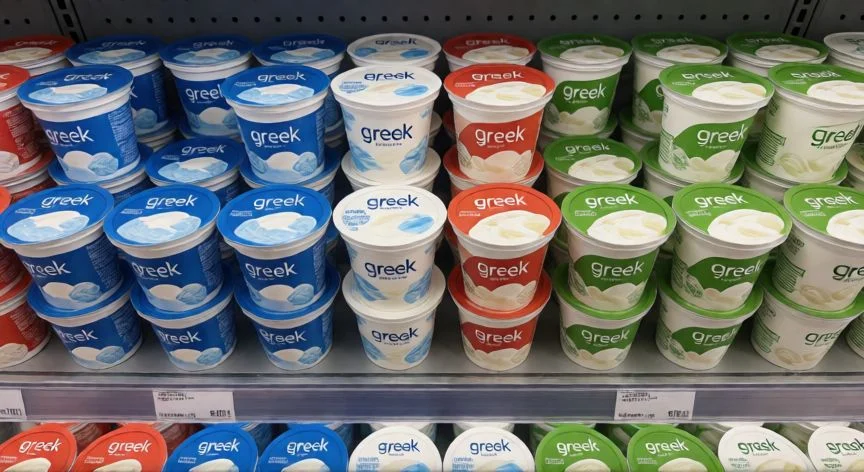 diferencia entre yogur griego y estilo griego, Estantería de supermercado con diferentes tipos de yogur estilo griego