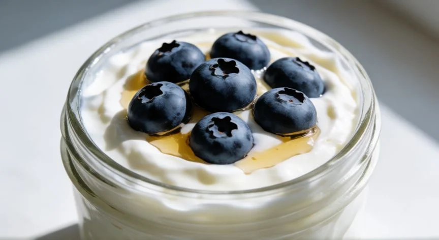 Yogur griego cremoso en un frasco de vidrio con arándanos frescos y miel