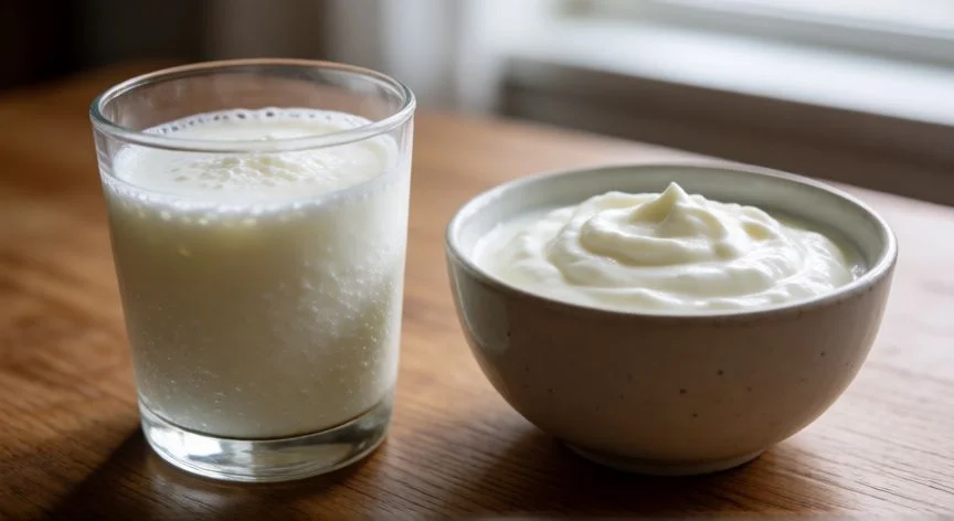 diferencia entre yogur griego y kefir, Comparación visual entre un vaso de kéfir líquido y un bol de yogur griego espeso