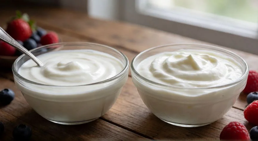 Comparación visual de textura entre yogur natural líquido y yogur griego espeso