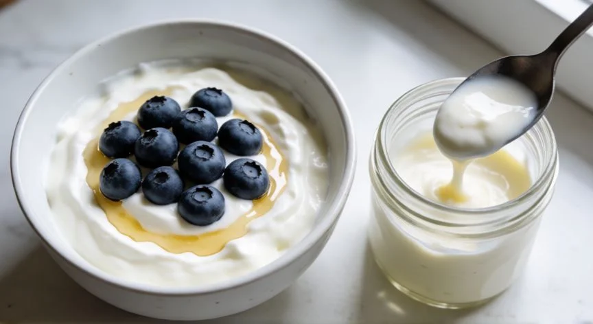 diferencia entre yogur griego y yogur natural, Bowl de yogur griego cremoso con arándanos frescos y miel