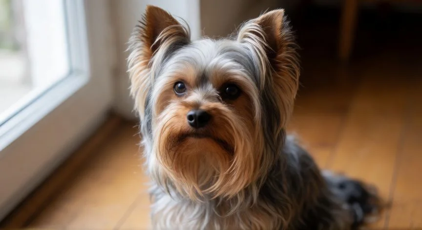 Perro Yorkshire Terrier de pelo largo y sedoso mirando a la cámara