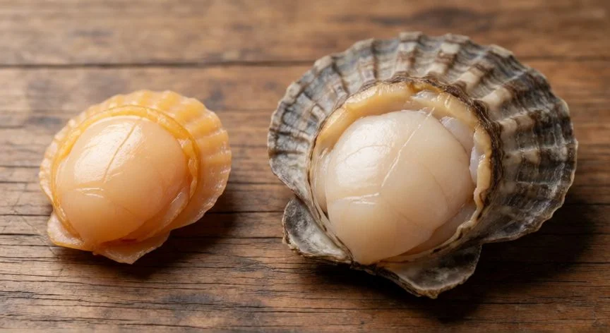 Comparación visual entre una zamburiña pequeña y una vieira del Pacífico grande