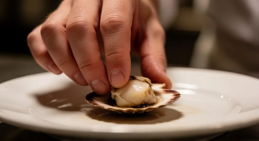diferencia entre zamburiña y vieira del pacífico, Manos de chef preparando una zamburiña para resaltar su textura delicada