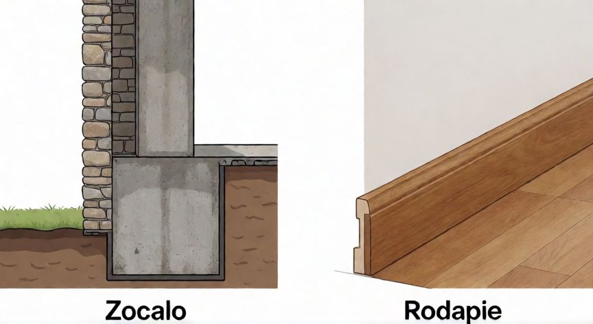 Diagrama técnico comparando la estructura del zócalo y el rodapié