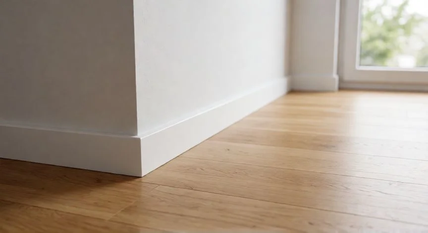 diferencia entre zocalo y rodapie, Detalle de un rodapié blanco instalado en una habitación moderna