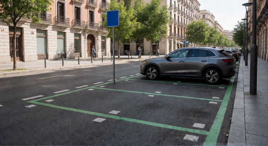 Bañera de aparcamiento con líneas verdes en Madrid