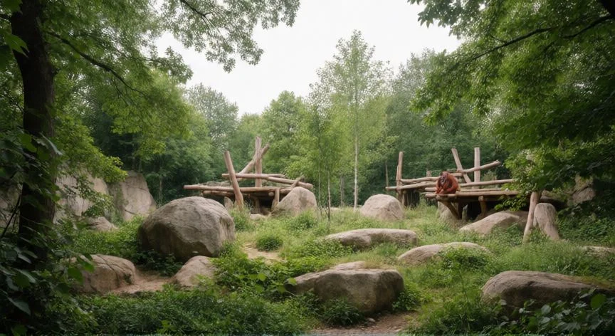 Diseño de hábitat natural en un centro de conservación moderno sin jaulas visibles