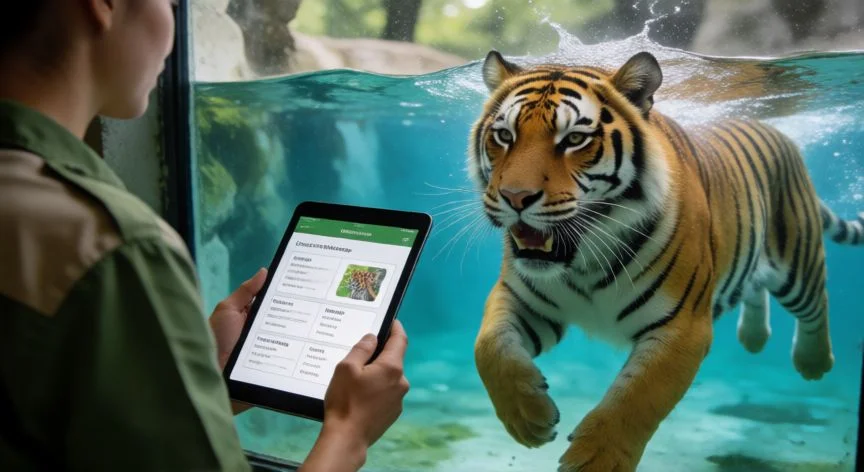diferencia entre zoo y faunia, Cuidador de animales explicando datos de conservación junto a un tigre en su hábitat acuático