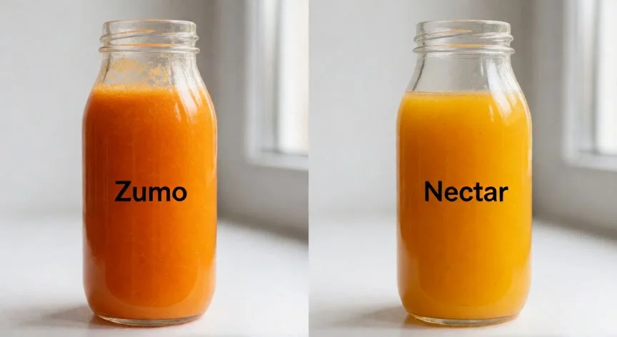 Comparación visual entre una botella de zumo puro y otra de nectar de naranja