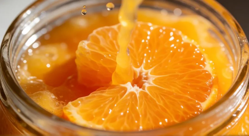 diferencia entre zumo y nectar, Detalle de trozos de naranja fresca y jugo esparciéndose en un frasco de vidrio