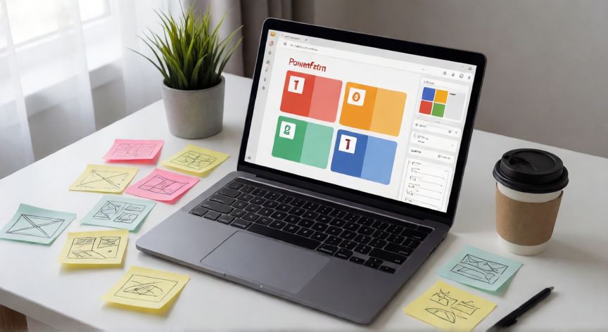 diseños en powerpoint gratis, Mesa de trabajo con portátil mostrando una presentación de PowerPoint en edición