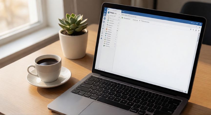 documento en word gratis, Portátil con documento en Word abierto sobre un escritorio minimalista