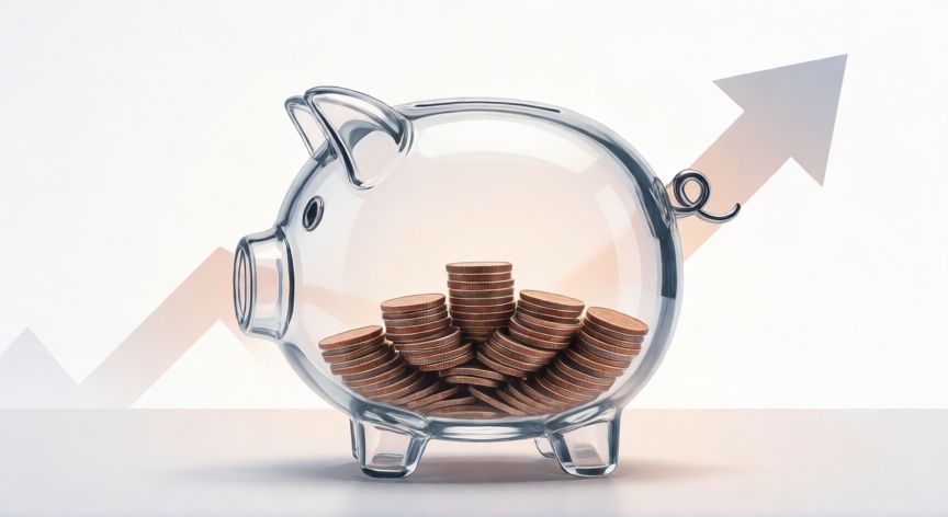 donde ahorrar con interes compuesto, Cerdo hucha transparente con monedas y flecha de crecimiento financiero