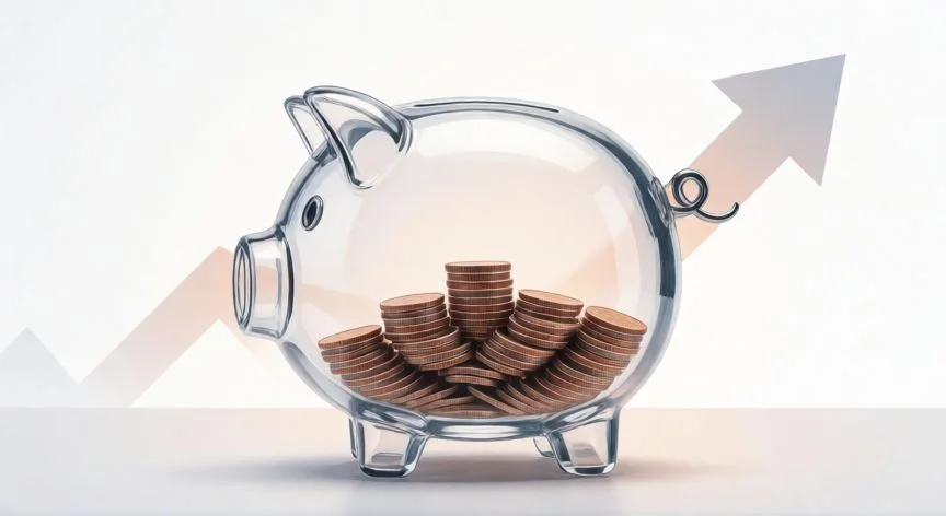 Cerdo hucha transparente con monedas y flecha de crecimiento financiero