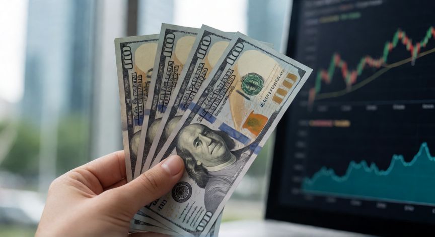 donde ahorrar en dolares, Manos sosteniendo billetes de cien dólares frente a un fondo bancario y financiero