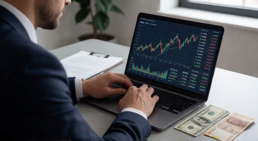 donde ahorrar en dolares en colombia, Asesor financiero revisando tipos de cambio de dólar y peso colombiano en su oficina