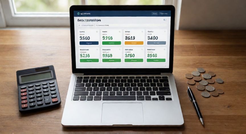 donde ahorrar mi dinero, Persona usando laptop para comparar precios online en una mesa de madera
