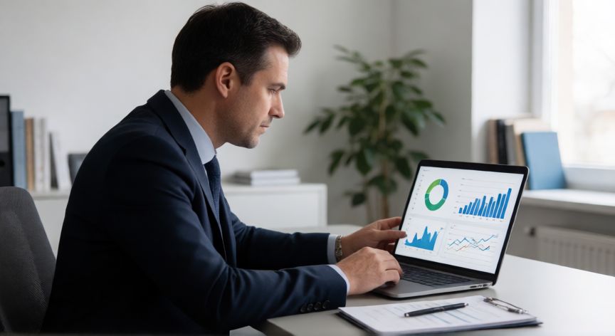 donde ahorrar mi dinero y ganar intereses, Asesor financiero revisando gráficos de rentabilidad en una oficina moderna