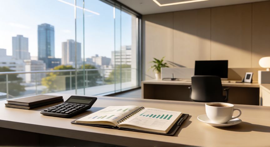 donde ahorrar para generar intereses, Interior moderno de banco con escritorio ordenado y gráficos financieros