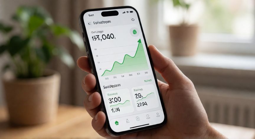 donde ahorrar para generar intereses, Mano sosteniendo un teléfono móvil mostrando una aplicación de finanzas con gráficos de crecimiento