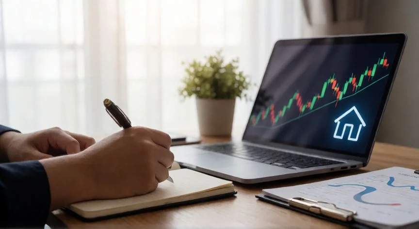 Persona planificando su ahorro para vivienda con gráficos financieros