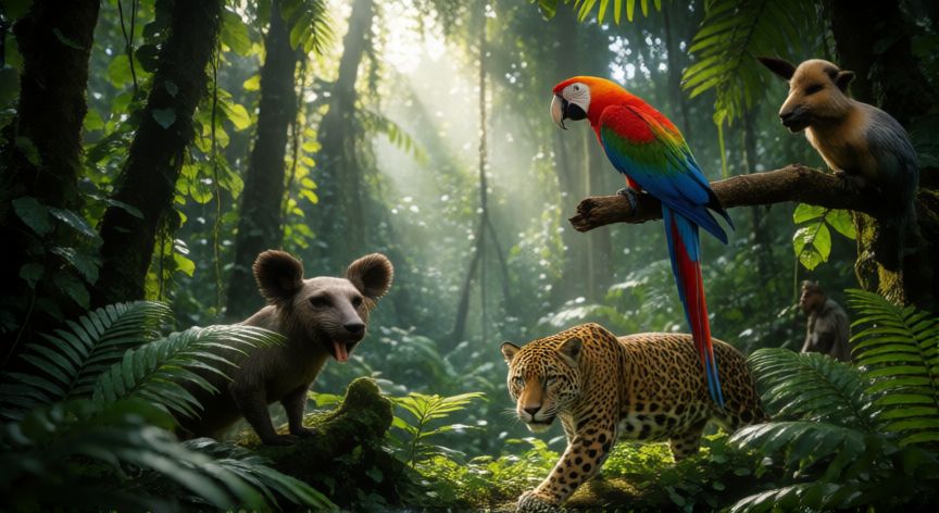 donde animalitos, Bosque tropical con biodiversidad animal y luz solar