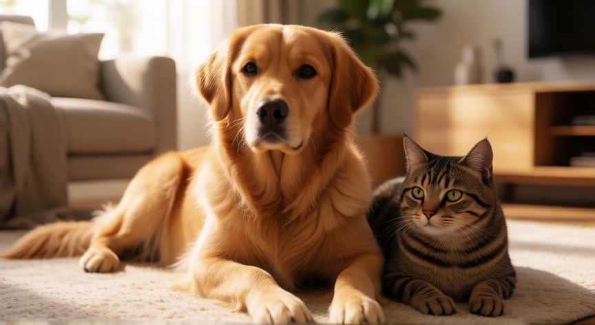donde animalitos, Perro y gato descansando en una sala doméstica