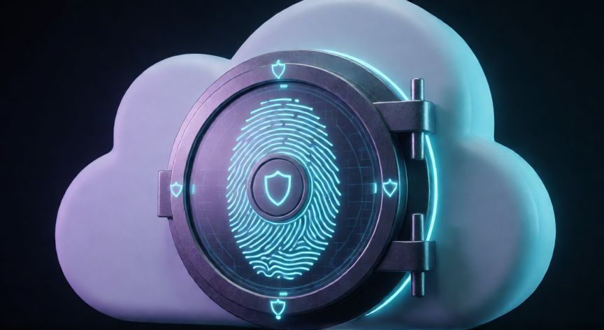 donde iphone guarda las contraseñas, Bóveda de seguridad digital integrada en una nube con huellas dactilares y escudos