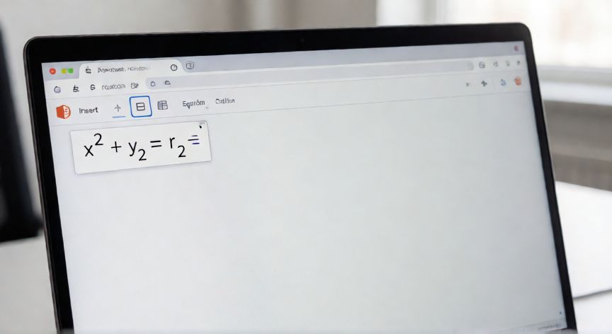 ecuaciones en powerpoint online, Pantalla de PowerPoint Online mostrando la pestaña Insertar con el botón Ecuación y una fórmula matemática en edición