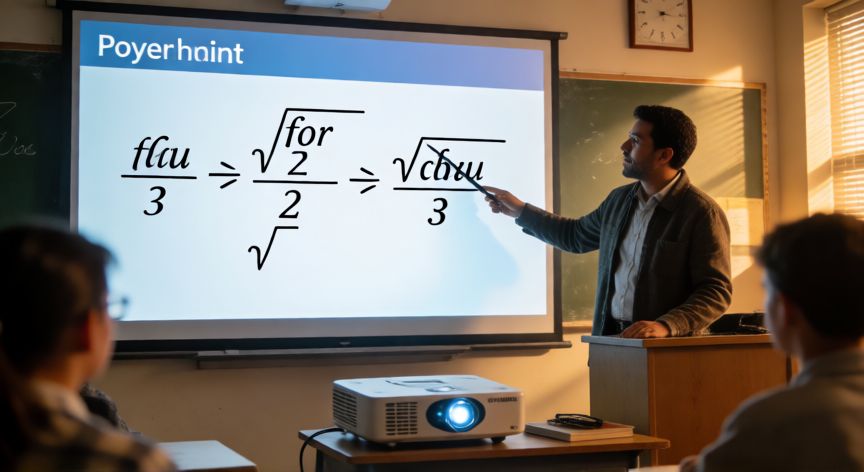 ecuaciones en powerpoint online, Presentación en PowerPoint con ecuaciones matemáticas proyectadas en un aula durante una clase