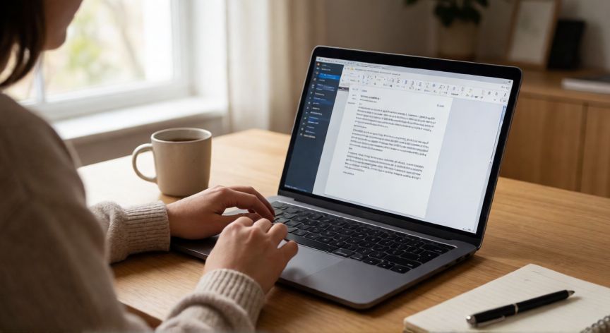 editar en word gratis, Persona editando un documento en Word desde el navegador en un portátil en casa