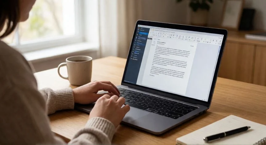 Persona editando un documento en Word desde el navegador en un portátil en casa